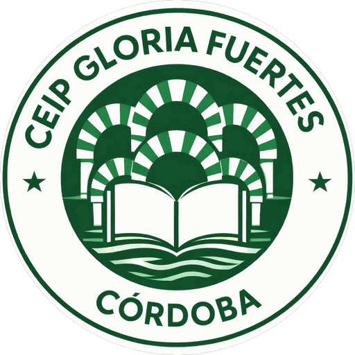 Escudo del CEIP Gloria Fuertes de Córdoba: arcos y un libro abierto junto al río